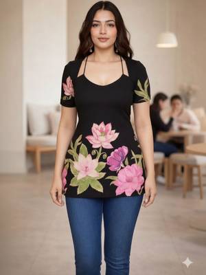 Womens black self design cotton fabric kurtis 3/4 sleeves scoop neck 1