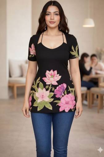 Womens black self design cotton fabric kurtis 3/4 sleeves scoop neck