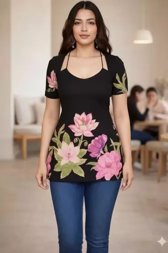 Womens black self design cotton fabric kurtis 3/4 sleeves scoop neck