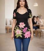 Womens black self design cotton fabric kurtis 3/4 sleeves scoop neck