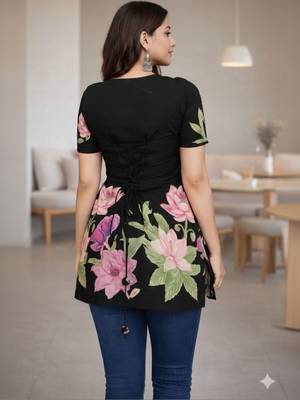 Womens black self design cotton fabric kurtis 3/4 sleeves scoop neck 2