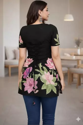 Womens black self design cotton fabric kurtis 3/4 sleeves scoop neck