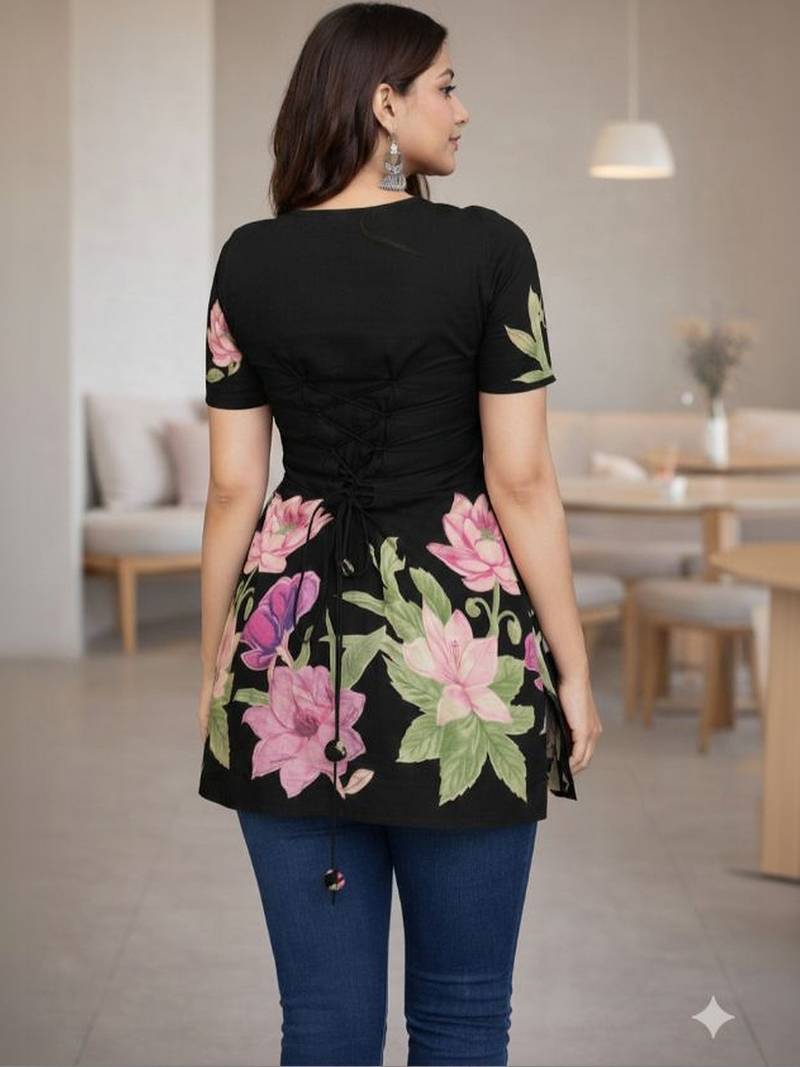 Womens black self design cotton fabric kurtis 3/4 sleeves scoop neck