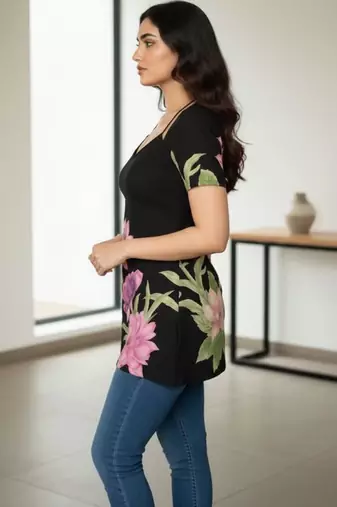 Womens black self design cotton fabric kurtis 3/4 sleeves scoop neck