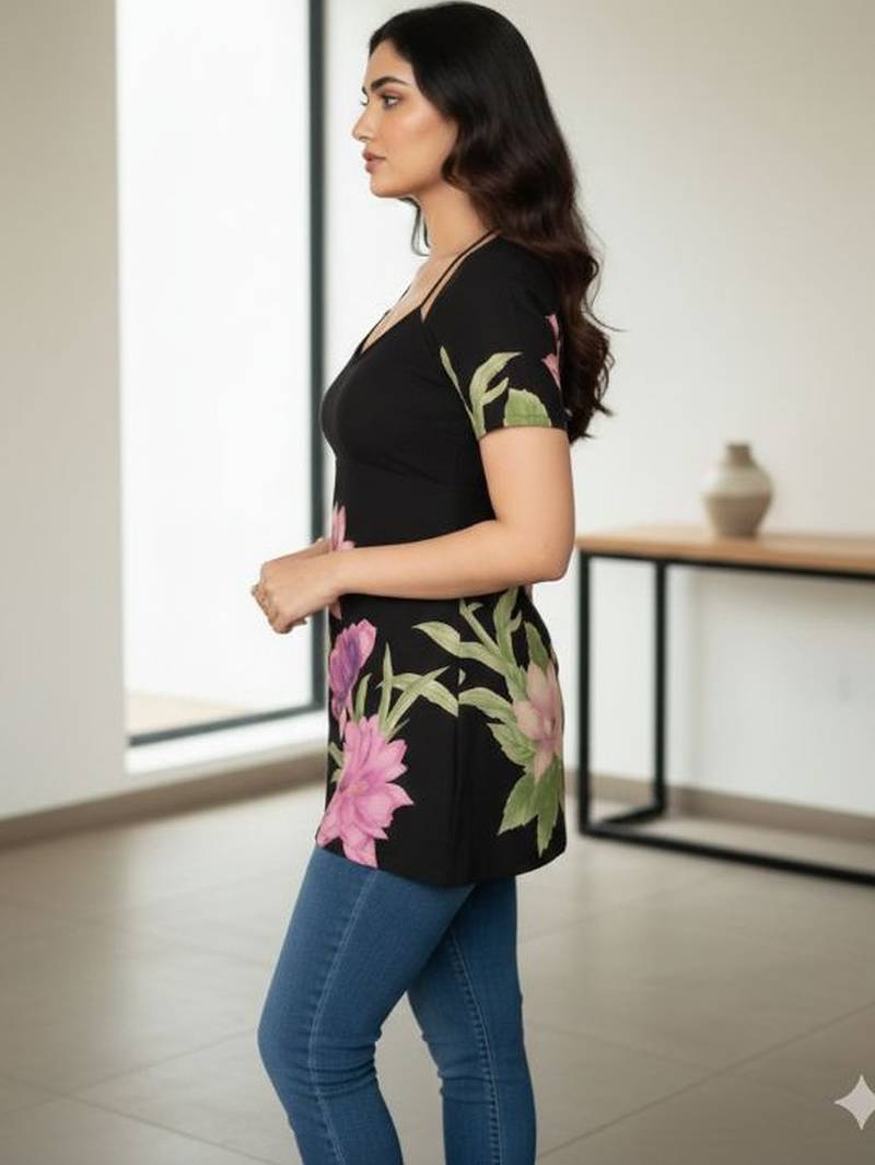 Womens black self design cotton fabric kurtis 3/4 sleeves scoop neck