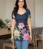 Womens navy blue self design cotton fabric kurtis 3/4 sleeves scoop neck