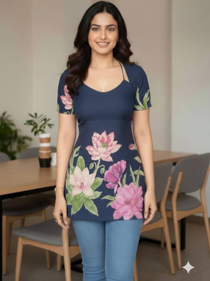 Womens navy blue self design cotton fabric kurtis 3/4 sleeves scoop neck