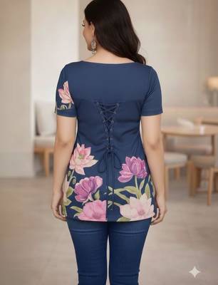 Womens navy blue self design cotton fabric kurtis 3/4 sleeves scoop neck 2