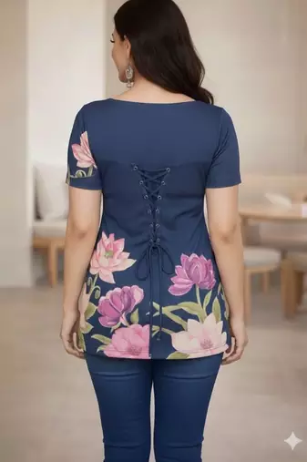 Womens navy blue self design cotton fabric kurtis 3/4 sleeves scoop neck