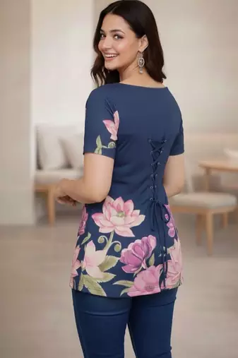 Womens navy blue self design cotton fabric kurtis 3/4 sleeves scoop neck