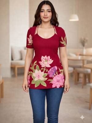 Womens maroon self design cotton fabric kurtis 3/4 sleeves scoop neck 1