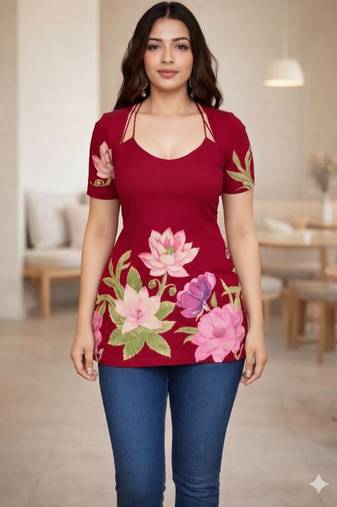Womens maroon self design cotton fabric kurtis 3/4 sleeves scoop neck