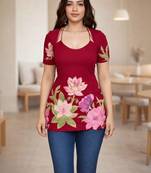 Womens maroon self design cotton fabric kurtis 3/4 sleeves scoop neck