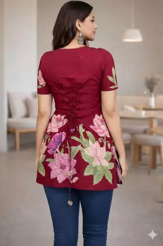 Womens maroon self design cotton fabric kurtis 3/4 sleeves scoop neck