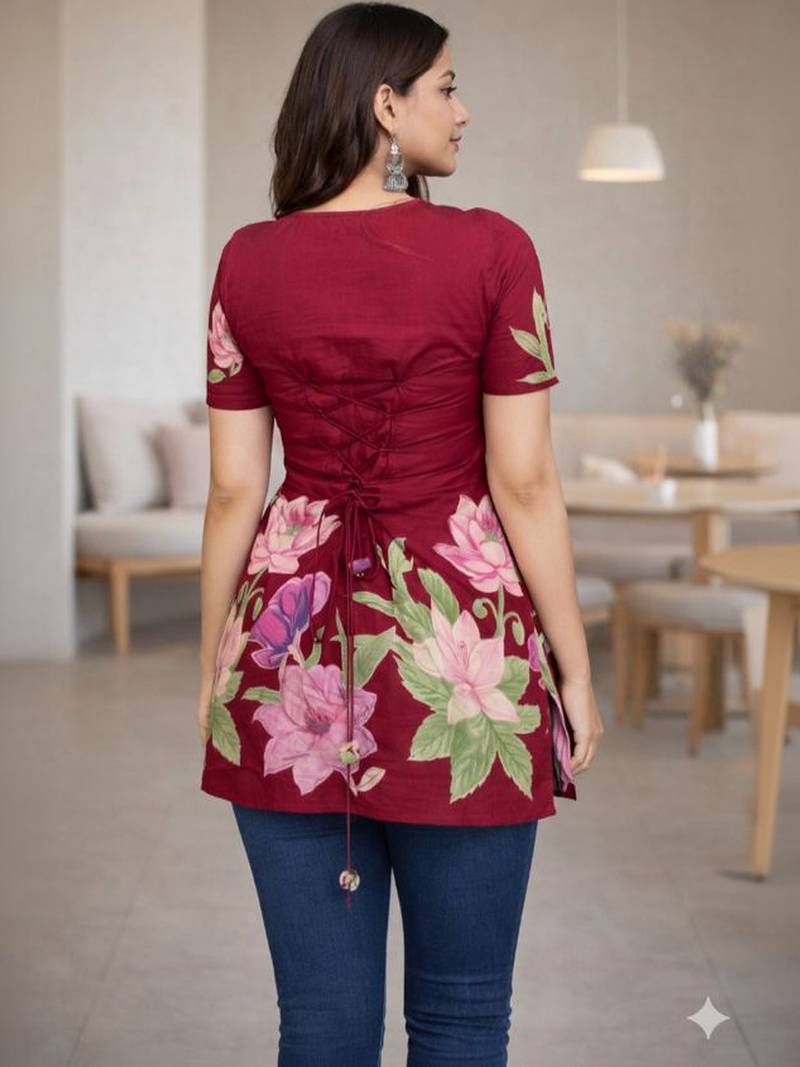 Womens maroon self design cotton fabric kurtis 3/4 sleeves scoop neck