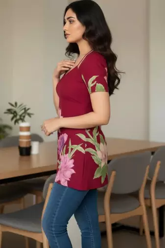 Womens maroon self design cotton fabric kurtis 3/4 sleeves scoop neck
