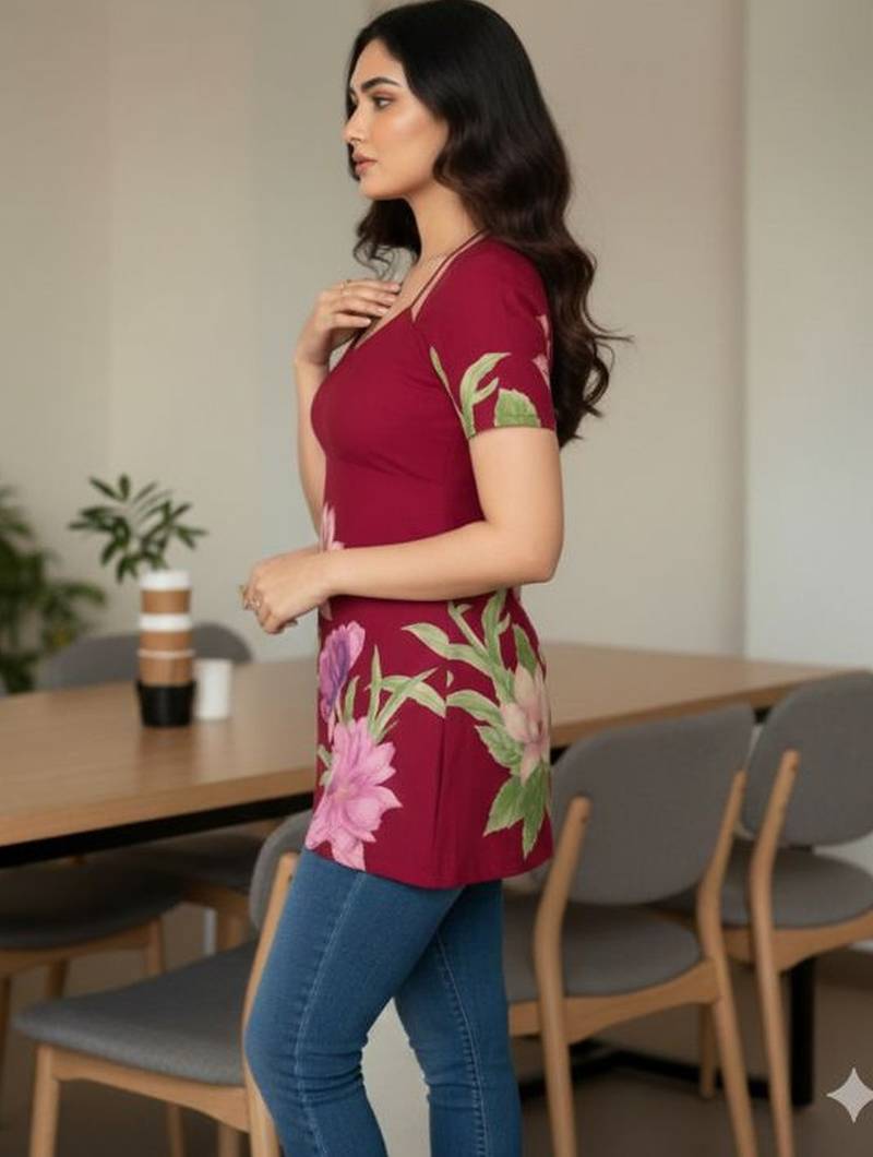 Womens maroon self design cotton fabric kurtis 3/4 sleeves scoop neck