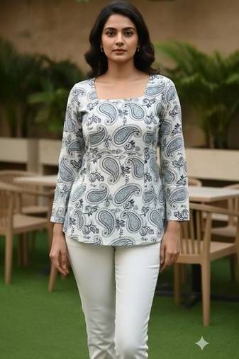 Womens white self design cotton fabric kurtis 3/4 sleeves sqaure neck