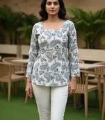 Womens white self design cotton fabric kurtis 3/4 sleeves sqaure neck