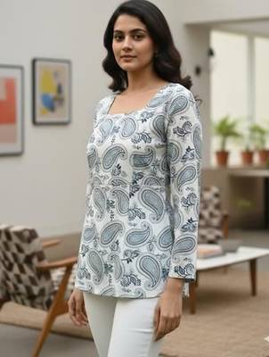 Womens white self design cotton fabric kurtis 3/4 sleeves sqaure neck 3