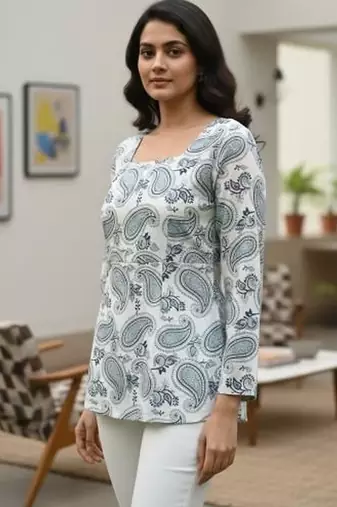 Womens white self design cotton fabric kurtis 3/4 sleeves sqaure neck