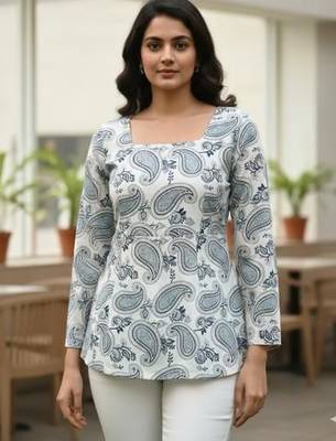 Womens white self design cotton fabric kurtis 3/4 sleeves sqaure neck 4