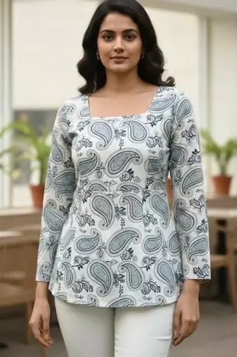 Womens white self design cotton fabric kurtis 3/4 sleeves sqaure neck
