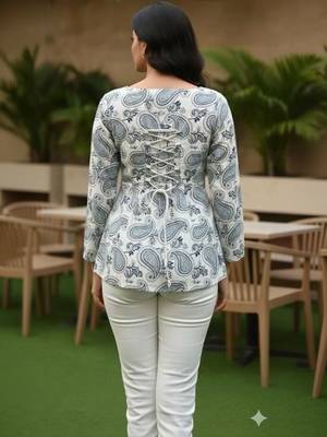 Womens white self design cotton fabric kurtis 3/4 sleeves sqaure neck 5