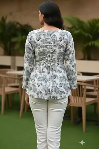 Womens white self design cotton fabric kurtis 3/4 sleeves sqaure neck