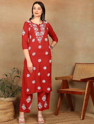 Women red floral embroidered lucknowi chikankari straight liva kurta & palazzo set 1