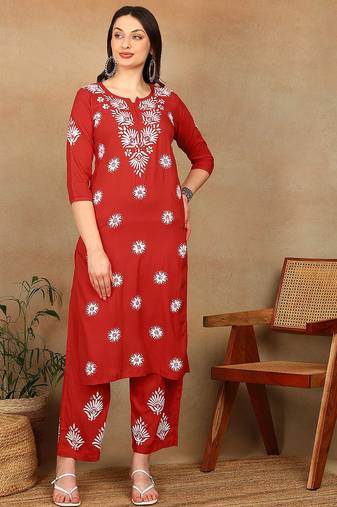 Women red floral embroidered lucknowi chikankari straight liva kurta & palazzo set