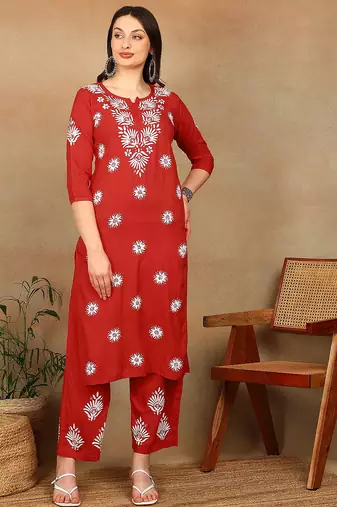 Women red floral embroidered lucknowi chikankari straight liva kurta & palazzo set
