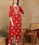 Women red floral embroidered lucknowi chikankari straight liva kurta & palazzo set