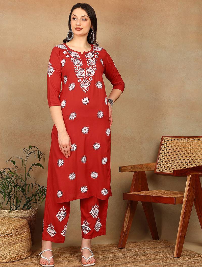 Women red floral embroidered lucknowi chikankari straight liva kurta & palazzo set