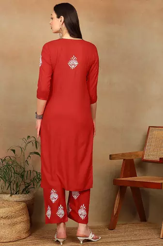 Women red floral embroidered lucknowi chikankari straight liva kurta & palazzo set