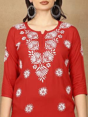 Women red floral embroidered lucknowi chikankari straight liva kurta & palazzo set 3