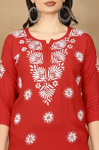 Women red floral embroidered lucknowi chikankari straight liva kurta & palazzo set