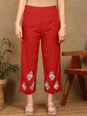 Women red floral embroidered lucknowi chikankari straight liva kurta & palazzo set 4