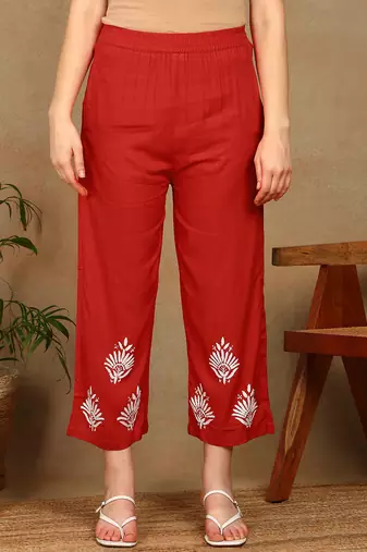 Women red floral embroidered lucknowi chikankari straight liva kurta & palazzo set