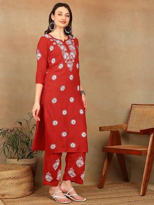 Women red floral embroidered lucknowi chikankari straight liva kurta & palazzo set 5