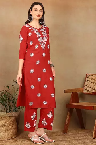Women red floral embroidered lucknowi chikankari straight liva kurta & palazzo set