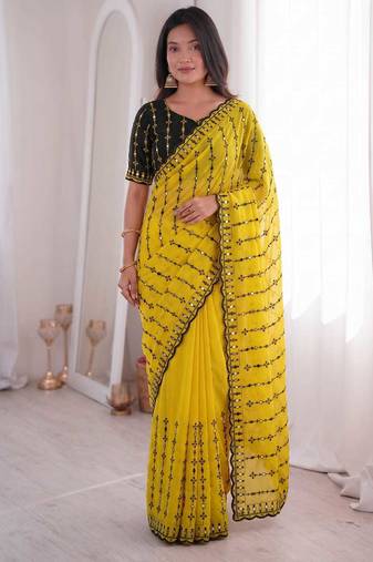 Viscose rangoli saree with floral embroidery & real mirror work border