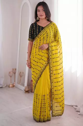 Viscose rangoli saree with floral embroidery & real mirror work border