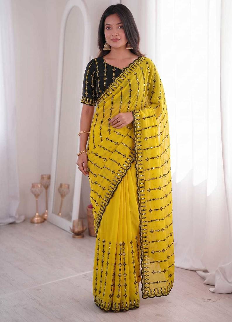 Viscose rangoli saree with floral embroidery & real mirror work border