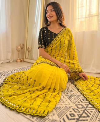 Viscose rangoli saree with floral embroidery & real mirror work border 2