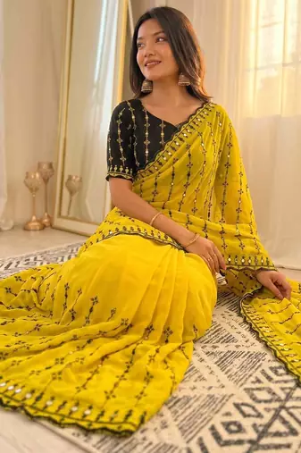Viscose rangoli saree with floral embroidery & real mirror work border
