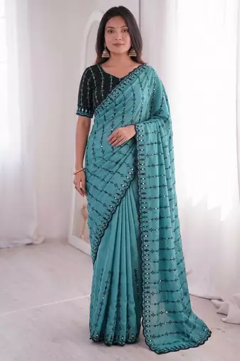 Viscose rangoli saree with floral embroidery & real mirror work border