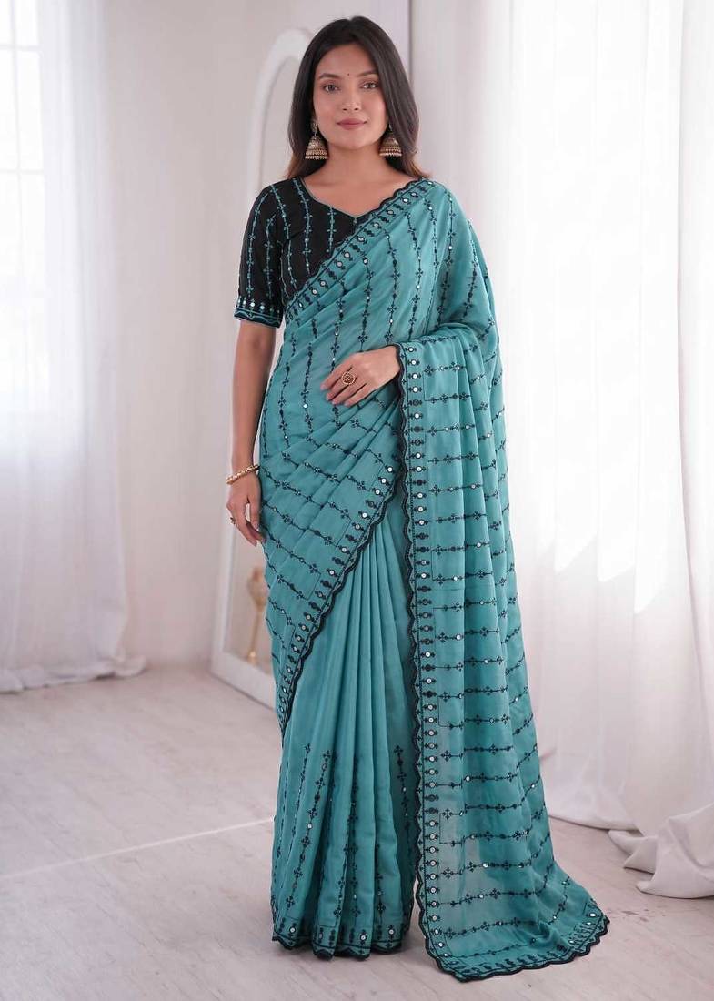 Viscose rangoli saree with floral embroidery & real mirror work border