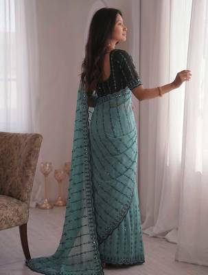 Viscose rangoli saree with floral embroidery & real mirror work border 2