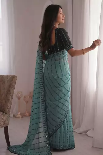 Viscose rangoli saree with floral embroidery & real mirror work border